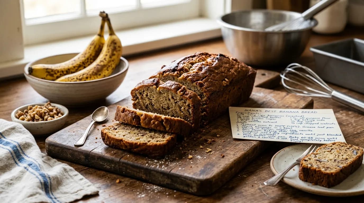 Sliced banana bread loaf on a wooden board with bananas beside it