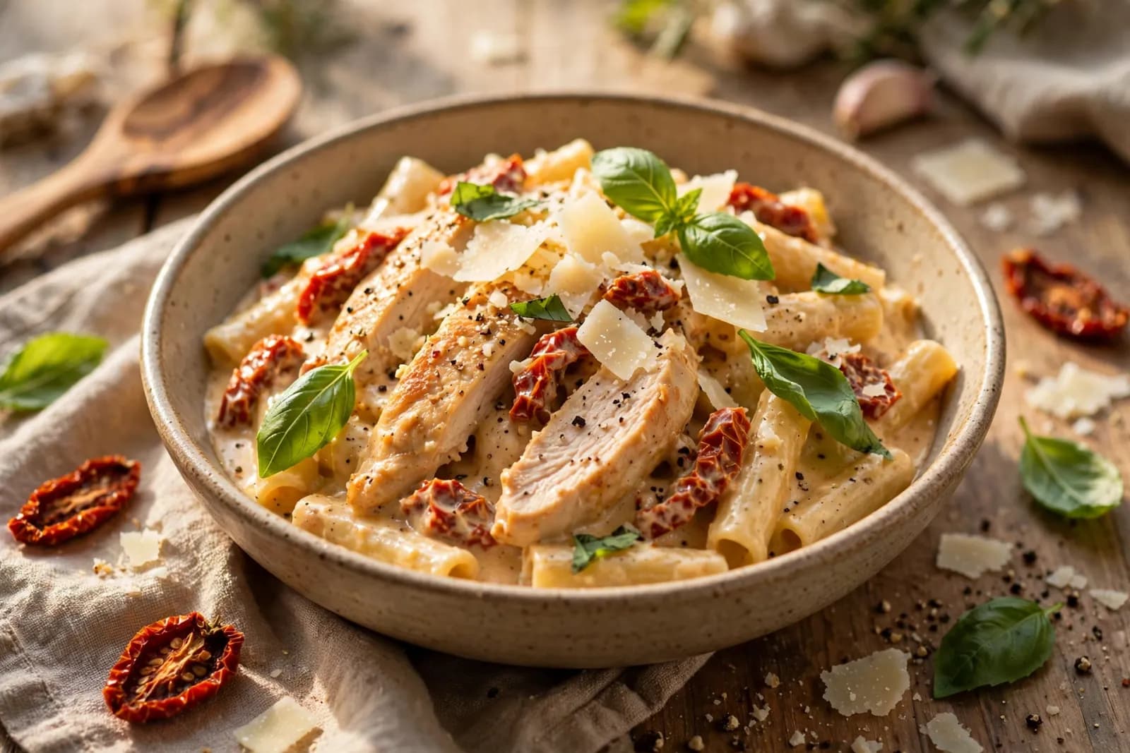 Penne pasta in a creamy sun-dried tomato sauce topped with sliced golden chicken, parmesan and fresh basil in a wide bowl.
