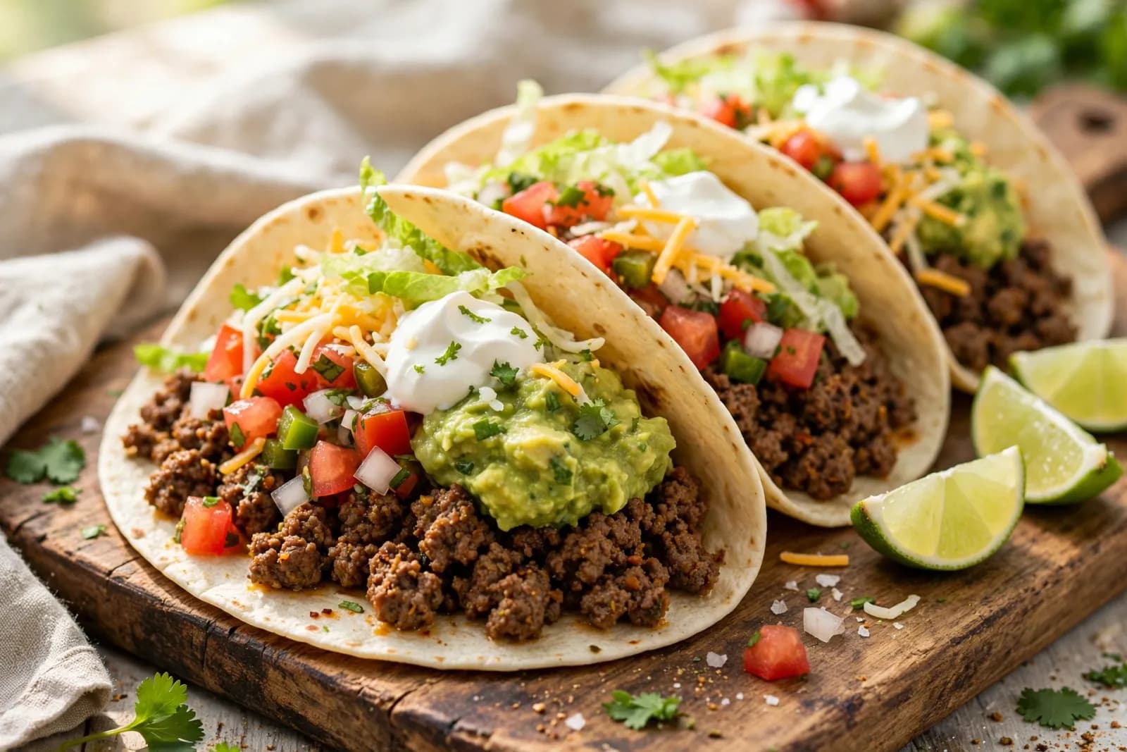 Beef tacos with pico de gallo, guacamole, sour cream and cheese with lime wedges