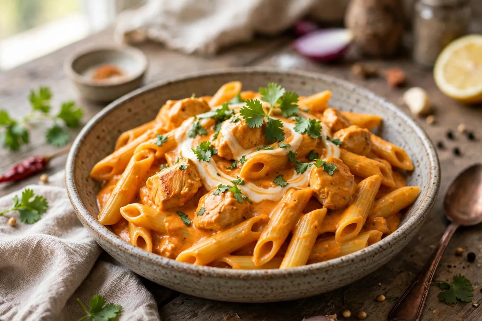 Penne pasta in creamy butter chicken sauce with a swirl of cream and coriander