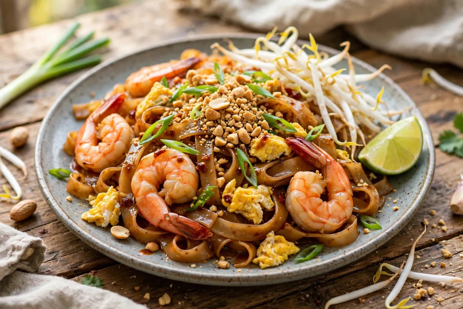 Pad Thai noodles with prawns, peanuts, bean sprouts and a lime wedge