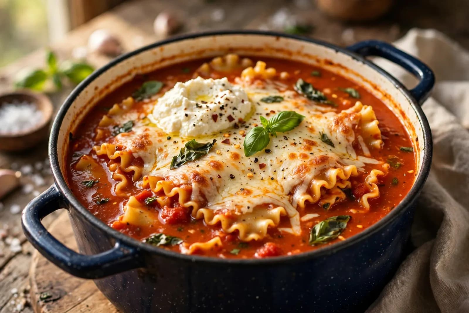 A bowl of lasagna soup with broken noodles and ground beef in tomato broth, topped with a creamy ricotta dollop and fresh basil.