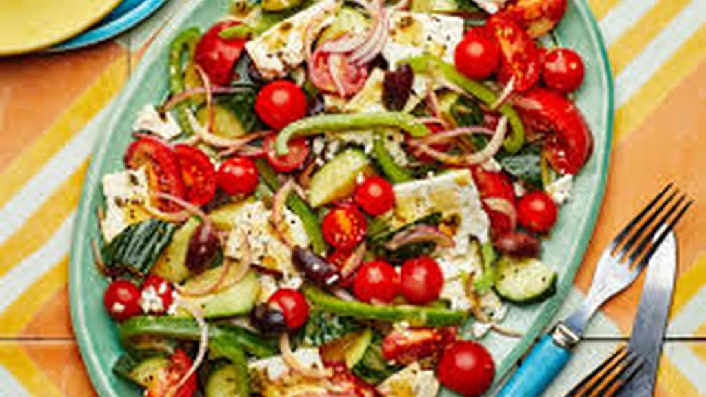 Authentic Greek salad with tomatoes cucumber feta and Kalamata olives