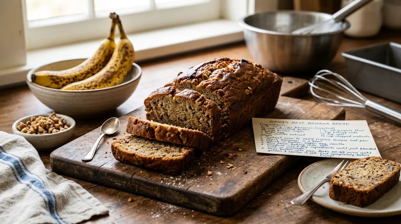 Sliced banana bread loaf on a wooden board with bananas beside it