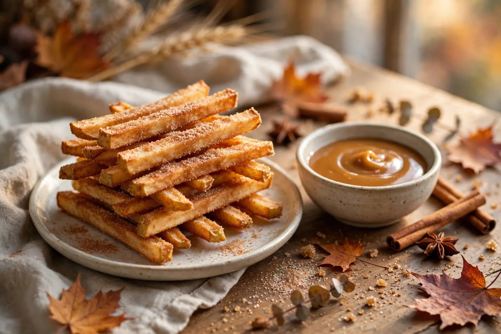 A plate of golden cinnamon-sugar apple fries with a small bowl of warm caramel sauce for dipping.