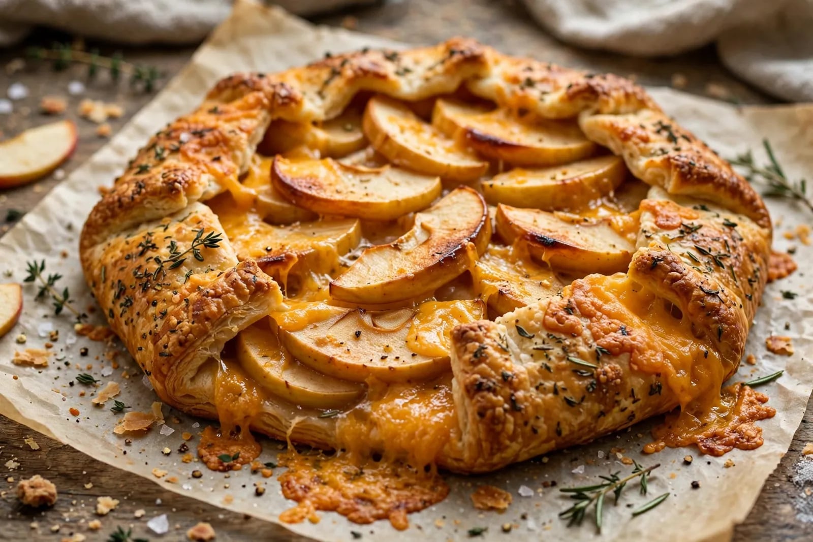 Golden apple cheddar galette with crispy herb cheddar crust, sliced apples, and melted cheese on parchment