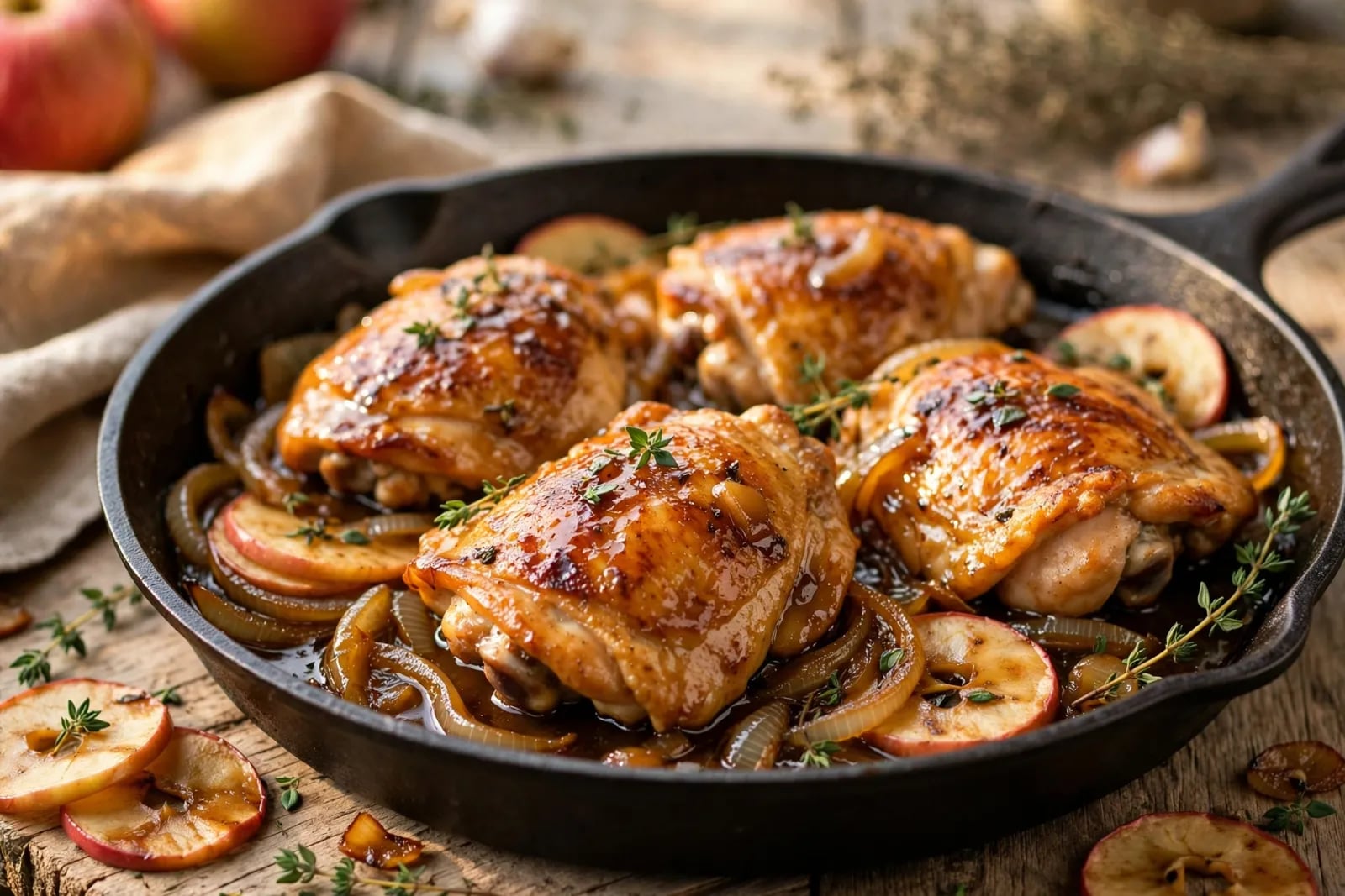 Golden apple cider chicken thighs with apple slices and fresh thyme in a skillet with glossy cider sauce