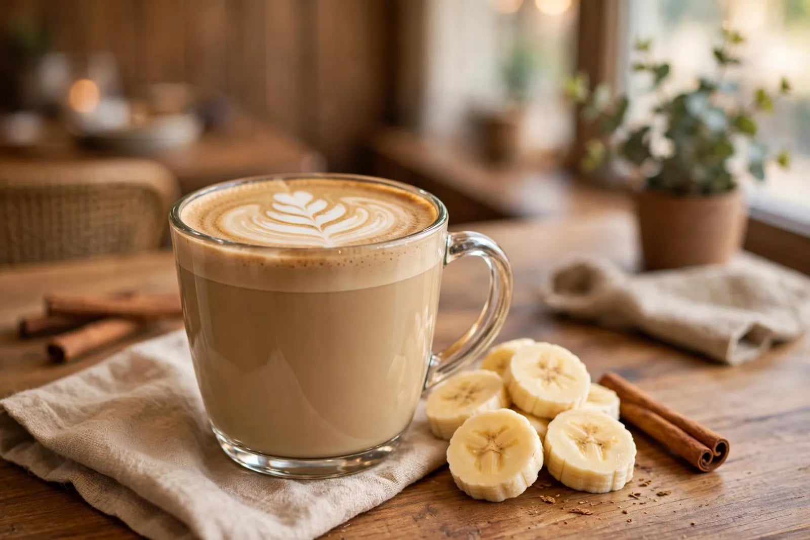 Banana bread latte in a mug with foam, caramel drizzle, cinnamon dusting, and banana slices