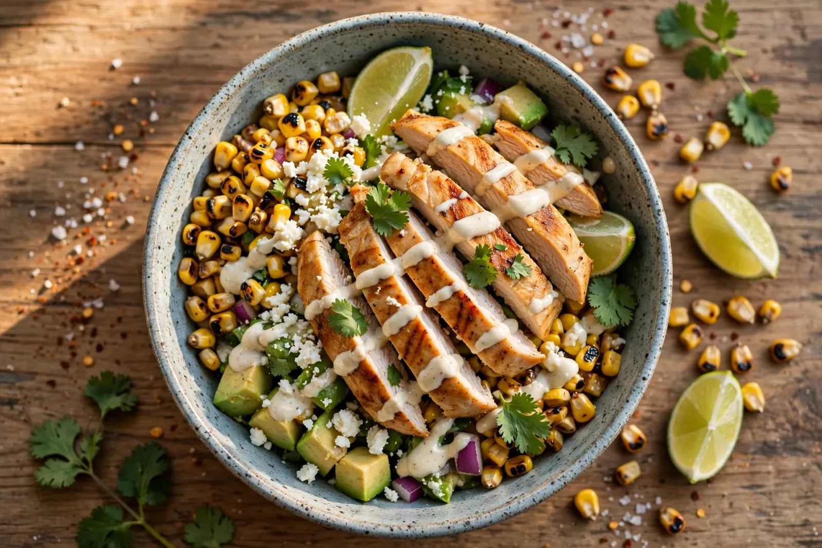 A colorful bowl of chicken street corn salad with charred corn, grilled chicken strips, cotija cheese, red onion and cilantro.