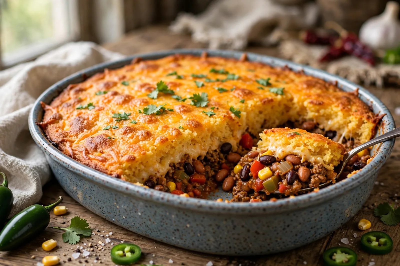 Chili cornbread casserole in a baking dish with golden cheesy cornbread topping and bubbling chili at the edges