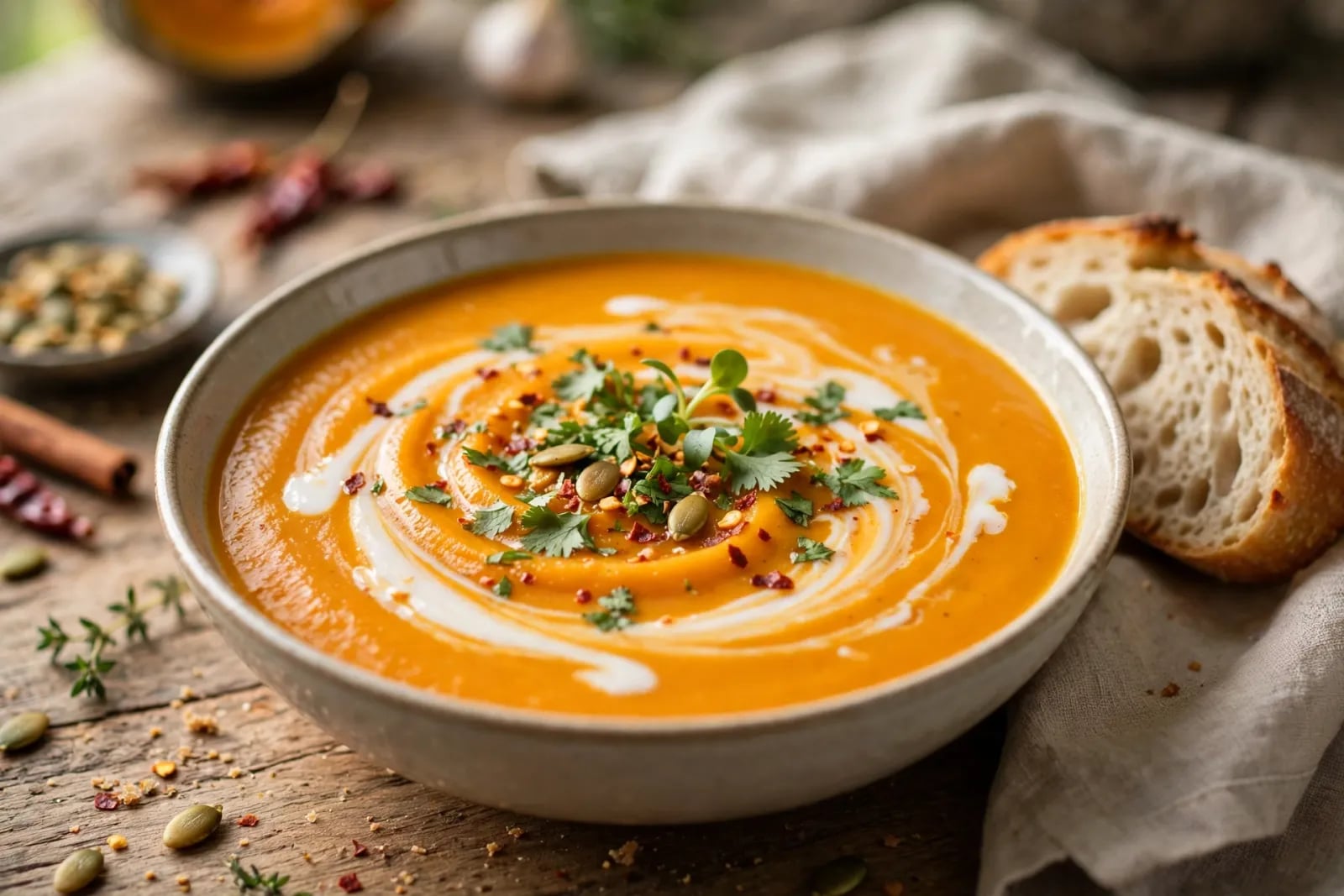 Coconut spice pumpkin soup in a bowl with a coconut cream swirl and toasted pumpkin seeds