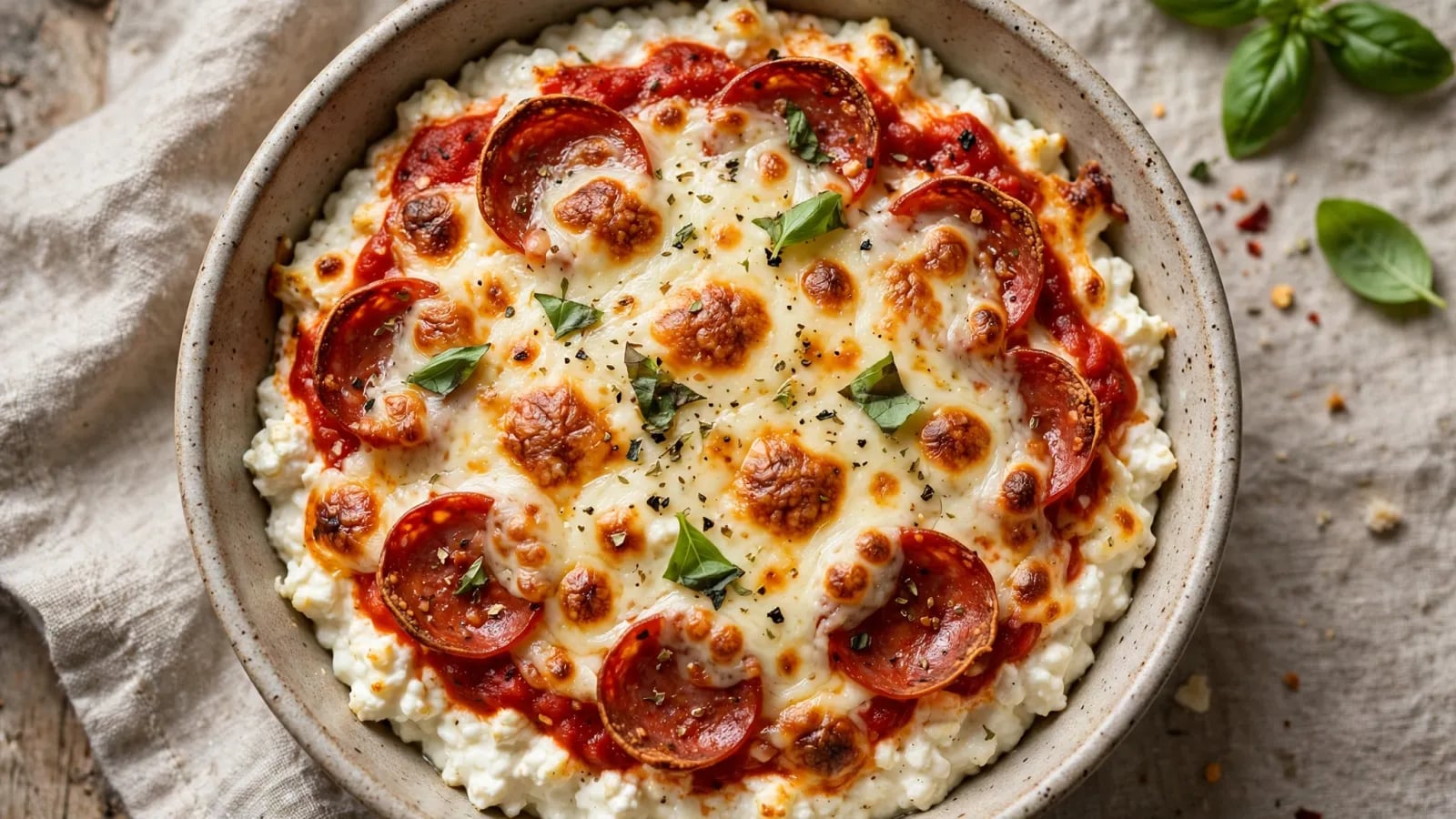 A bubbly baked cottage cheese pizza bowl with melted mozzarella, crisp turkey pepperoni and fresh basil in a white ramekin.