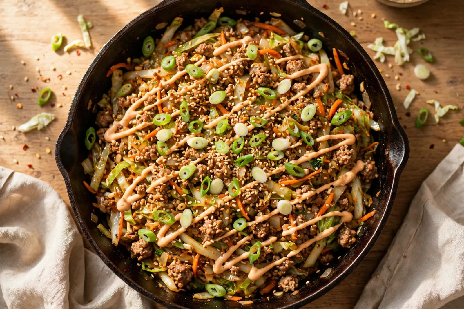 A skillet of egg roll in a bowl with ground turkey, shredded cabbage and carrots, garnished with green onions and sesame seeds.