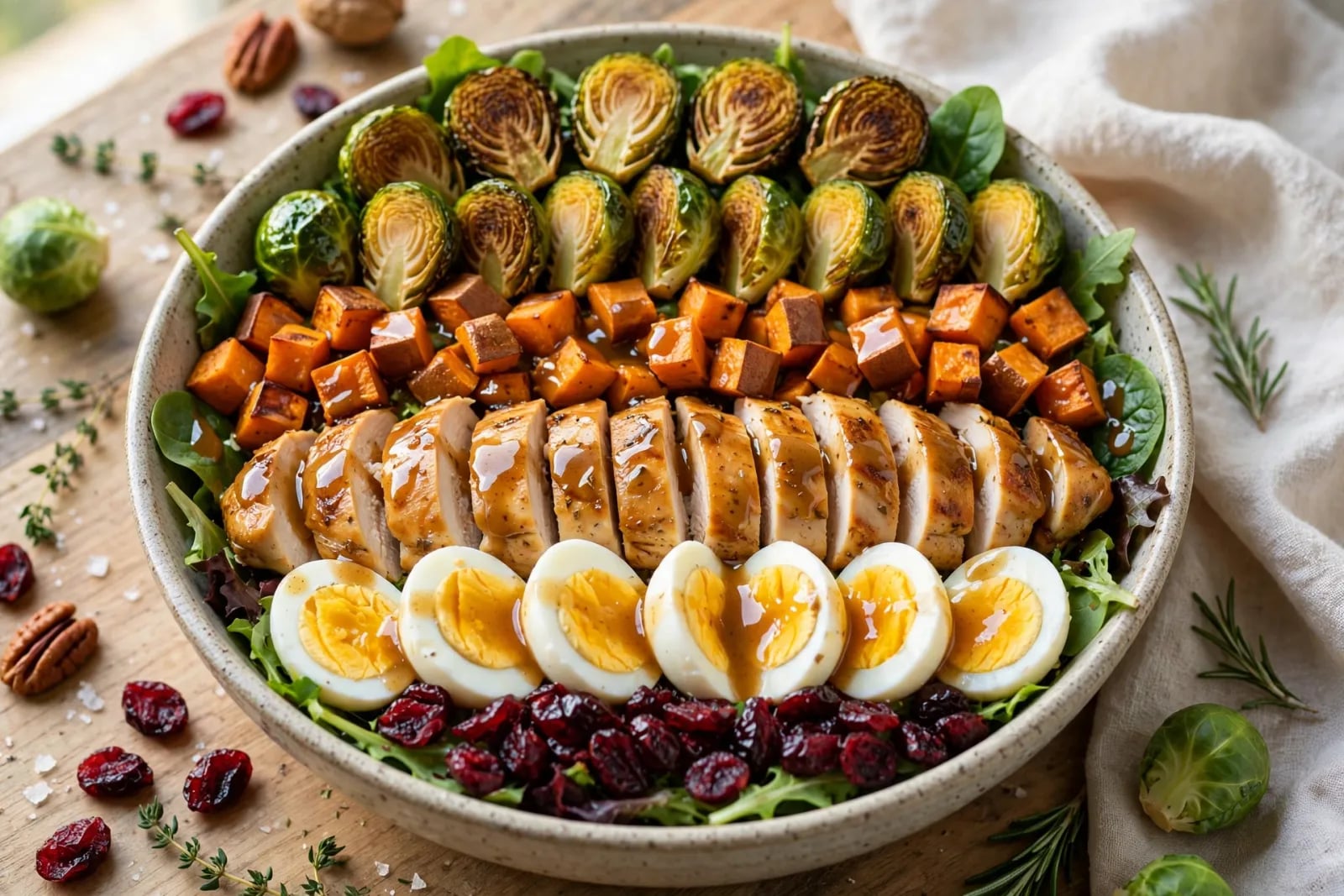 Fall Cobb salad with roasted sweet potatoes, Brussels sprouts, bacon, eggs, and maple vinaigrette in rows on a platter