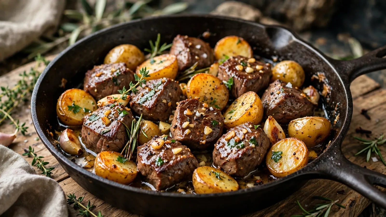 A cast iron skillet of seared garlic butter steak bites and crispy golden baby potatoes with fresh herbs and lemon wedges.