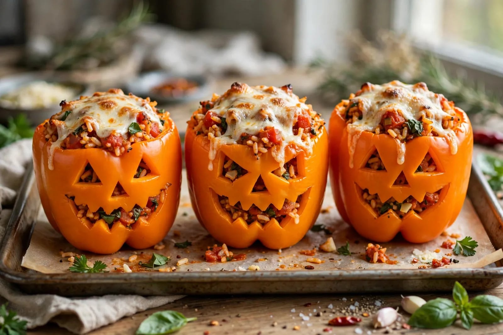 Halloween stuffed peppers carved like jack-o-lanterns with melted mozzarella tops in a baking dish