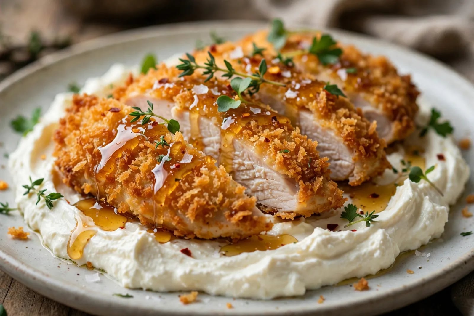 Golden panko-crusted chicken sliced over creamy whipped feta with a glossy hot honey drizzle and fresh parsley on a platter.