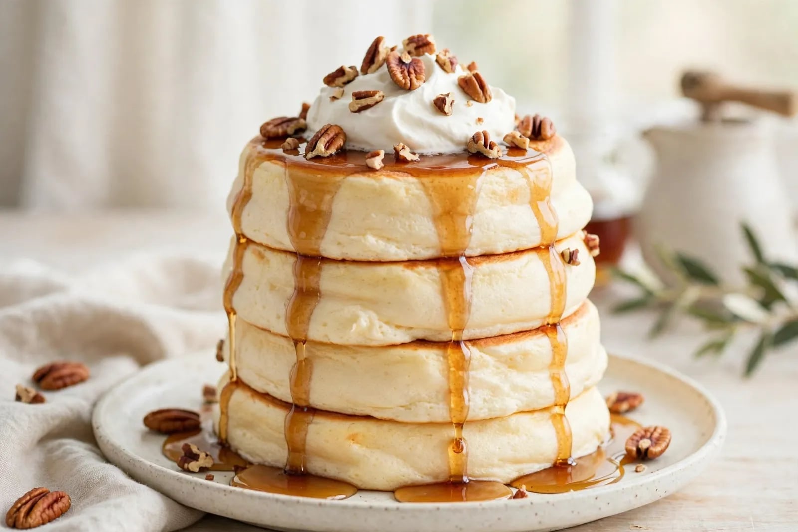 A tall stack of golden jiggly Japanese souffle pancakes with whipped cream, maple syrup and toasted pecans on a plate.