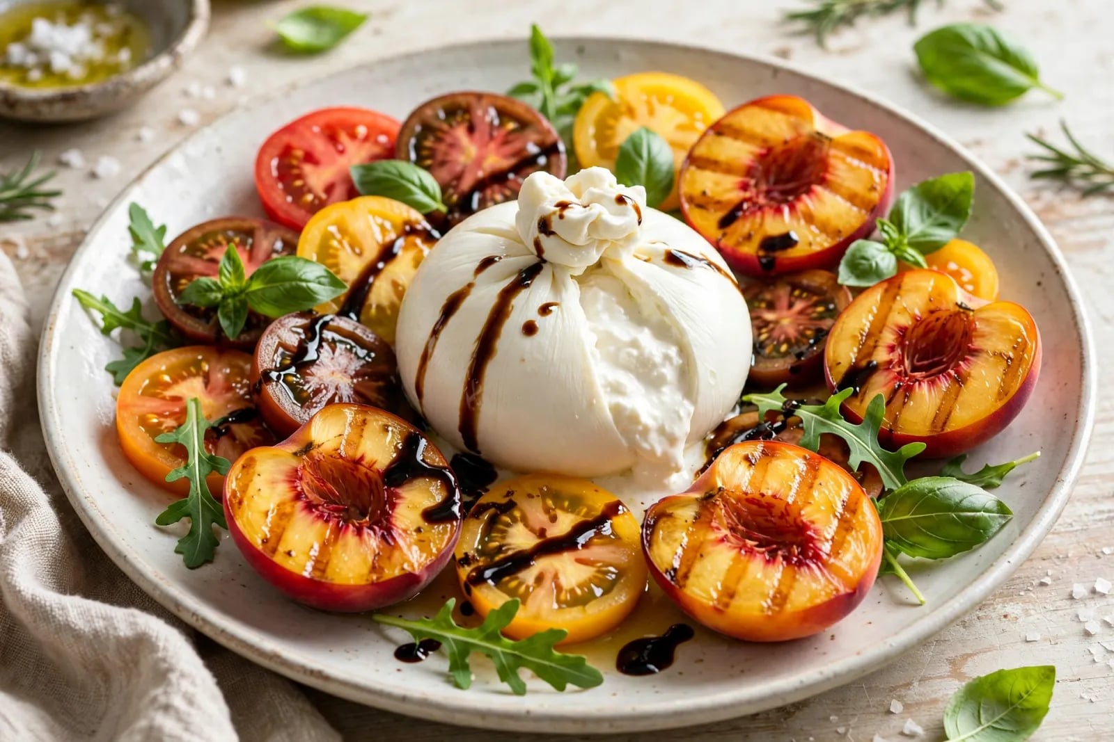 Burrata salad with heirloom tomatoes, grilled peach, basil and balsamic glaze
