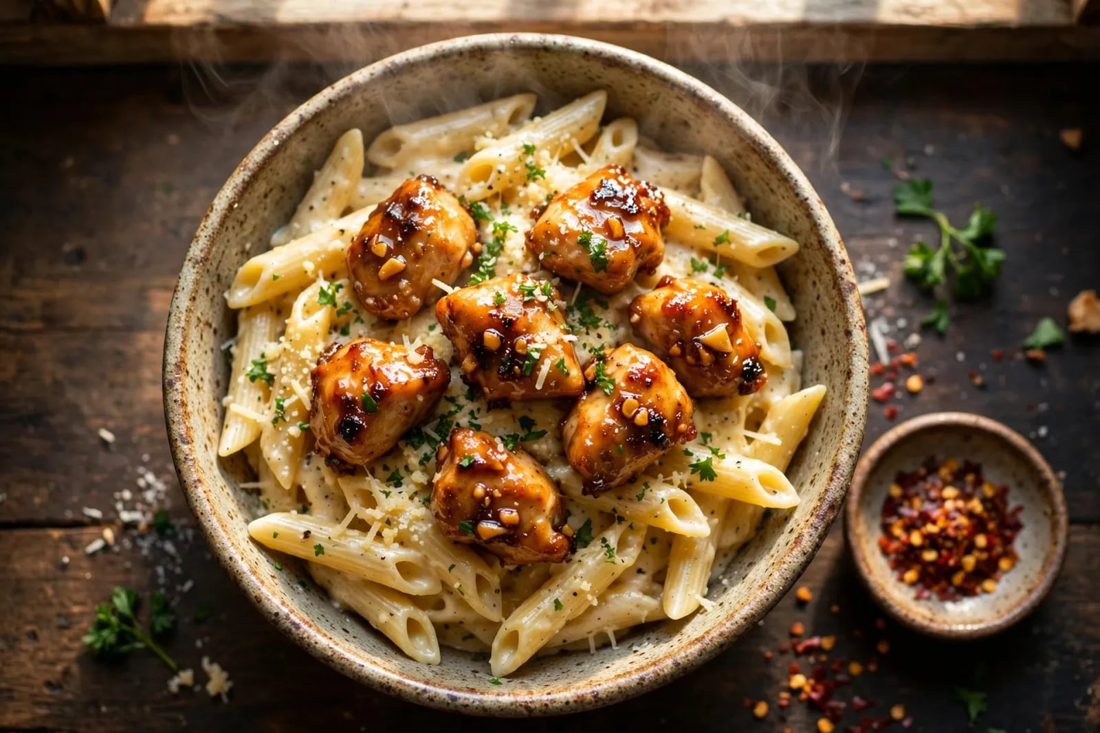 Honey butter garlic chicken bites with cheesy pasta in a rustic bowl, topped with parsley and Parmesan