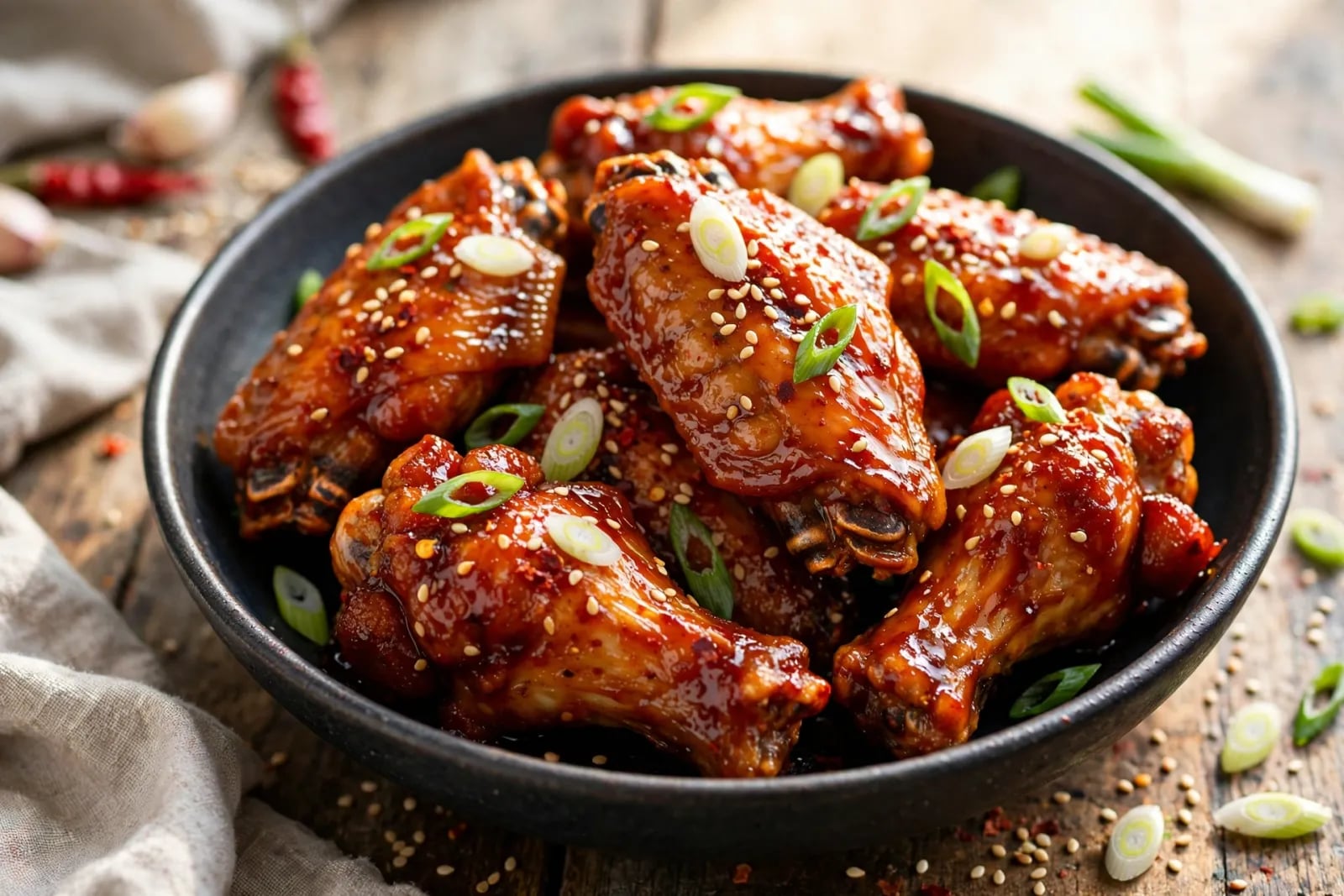 Korean fried chicken wings in gochujang glaze with sesame seeds and spring onions