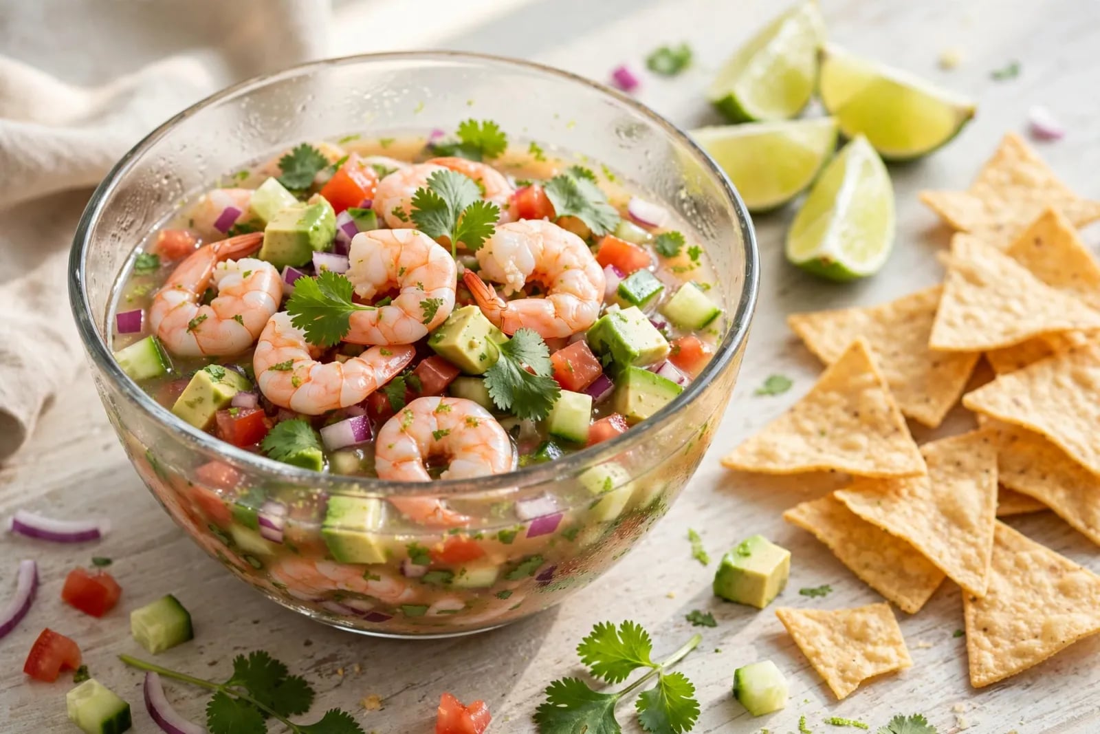 Shrimp ceviche with avocado, tomato and coriander in a glass bowl with lime and tortilla chips