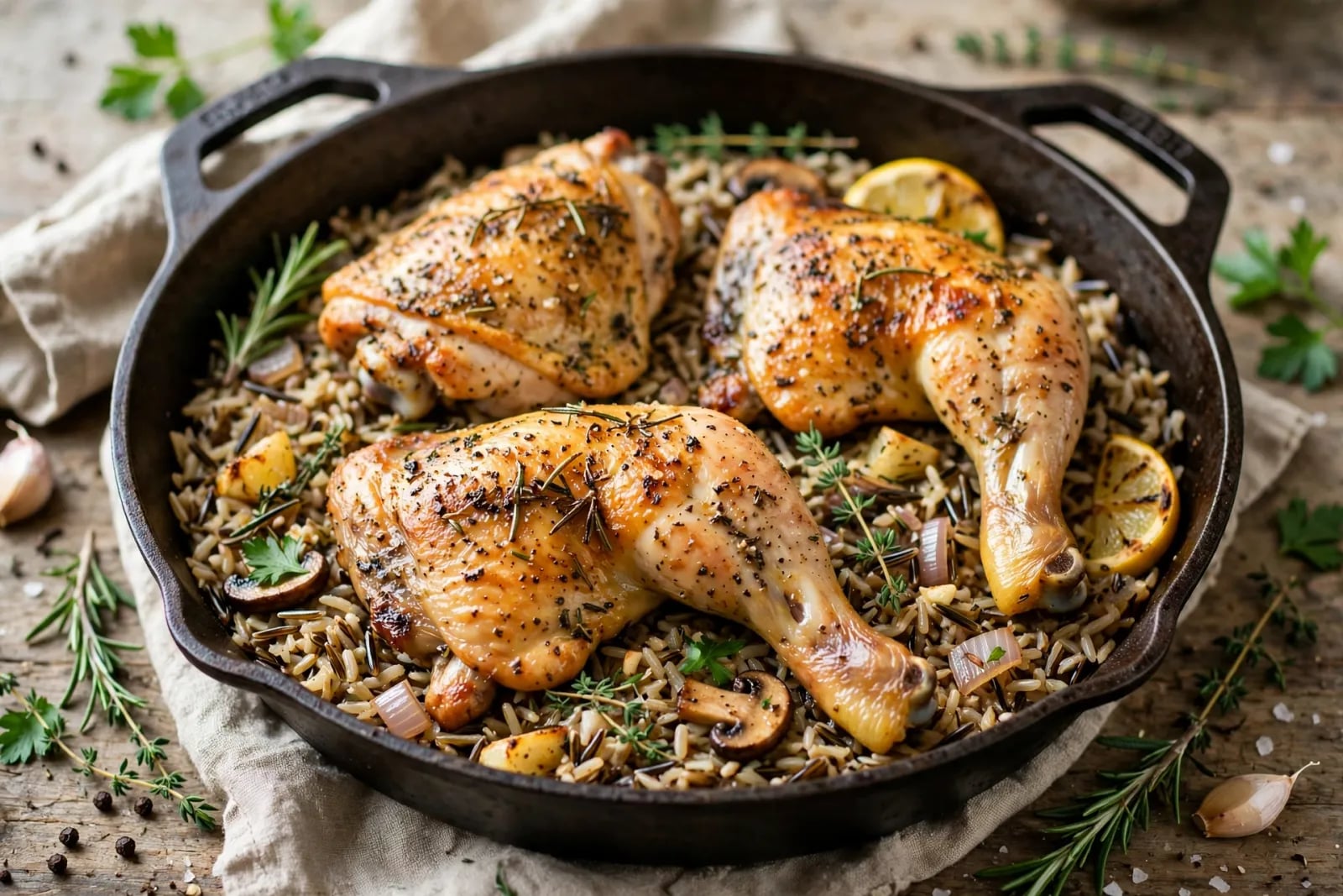 One pan roasted herb chicken thighs with golden crisp skin served over nutty wild rice with lemon and fresh herbs