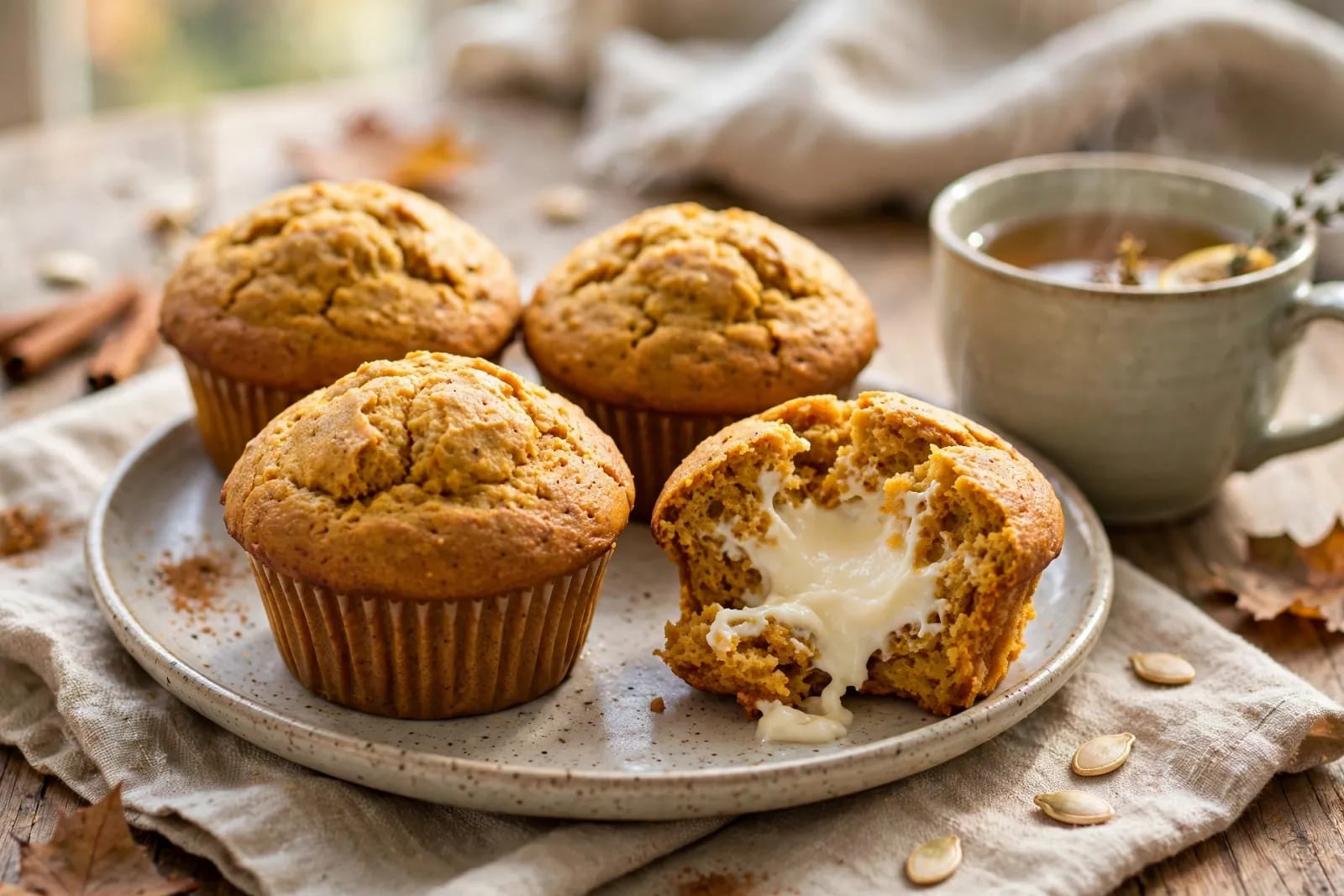 Pumpkin cream cheese muffins with golden tops and creamy centers on a cooling rack