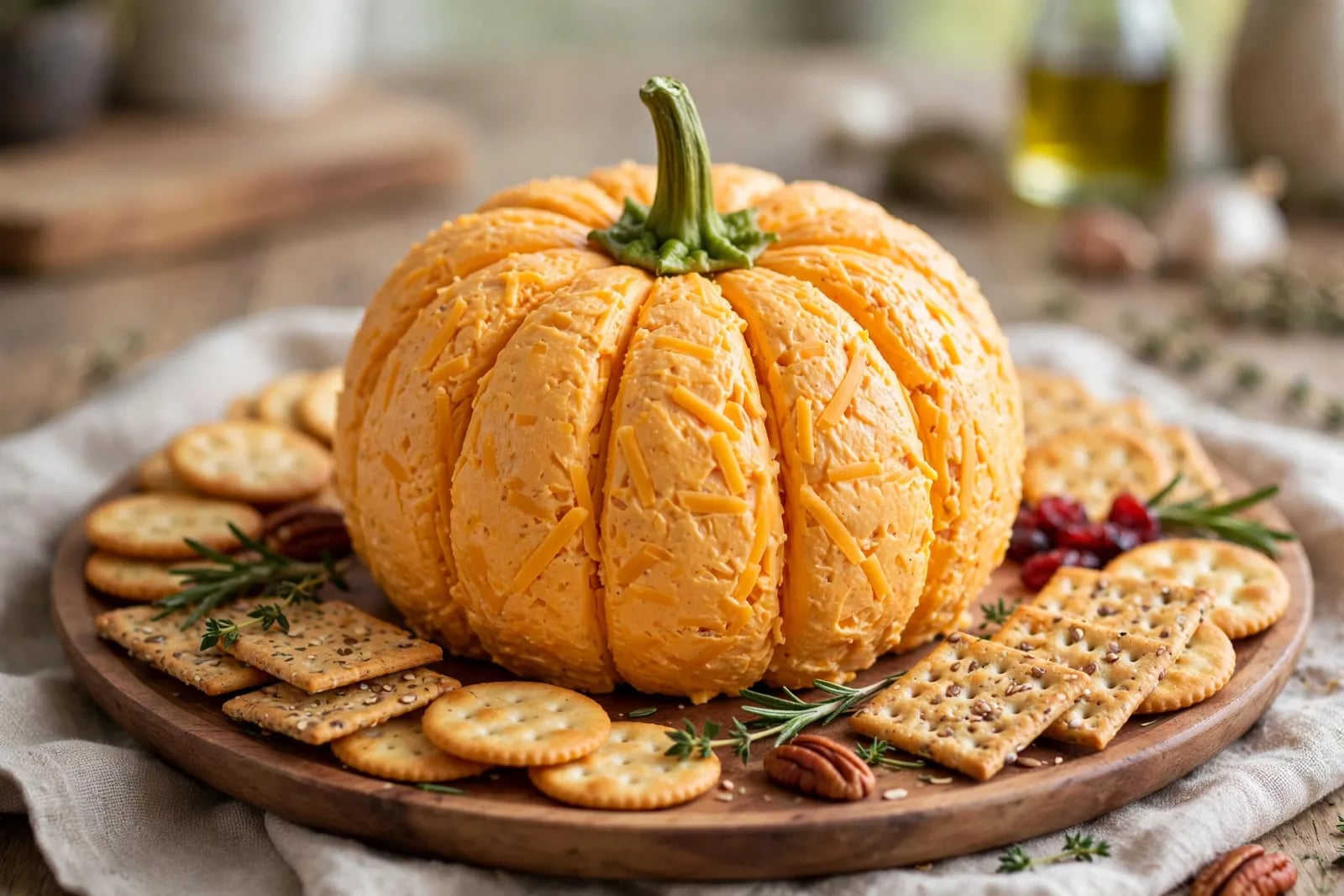 Pumpkin shaped cheese ball with twine grooves and a pepper stem on a platter with crackers and vegetables