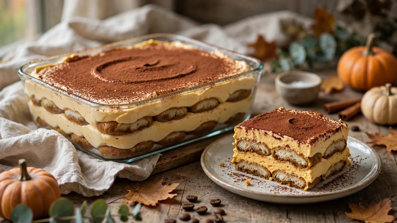 A glass dish of layered pumpkin tiramisu with cocoa-dusted top and visible cream layers, sliced to show the ladyfinger layers.