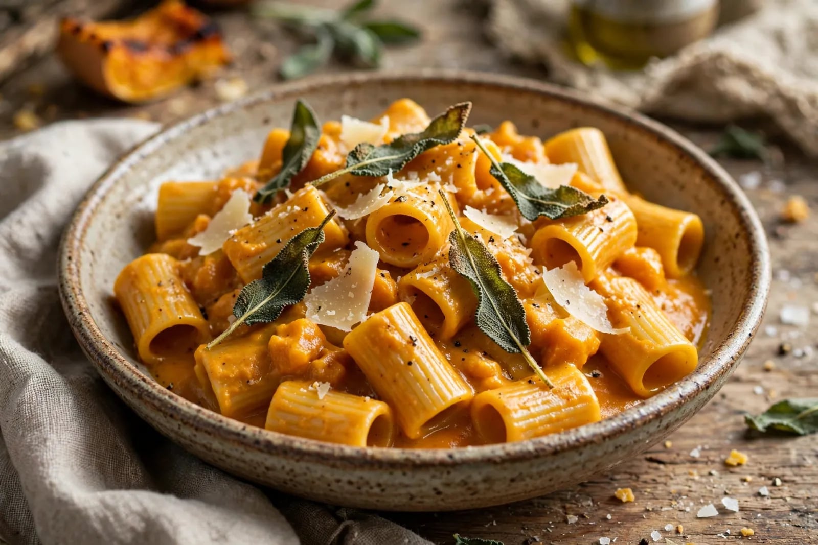 A bowl of rigatoni tossed in velvety orange butternut squash sauce with crisp sage leaves, parmesan and toasted walnuts.