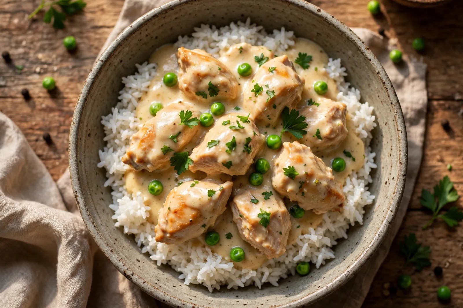 Tender chicken thighs covered in creamy gravy served over a mound of fluffy white rice, garnished with chopped parsley.