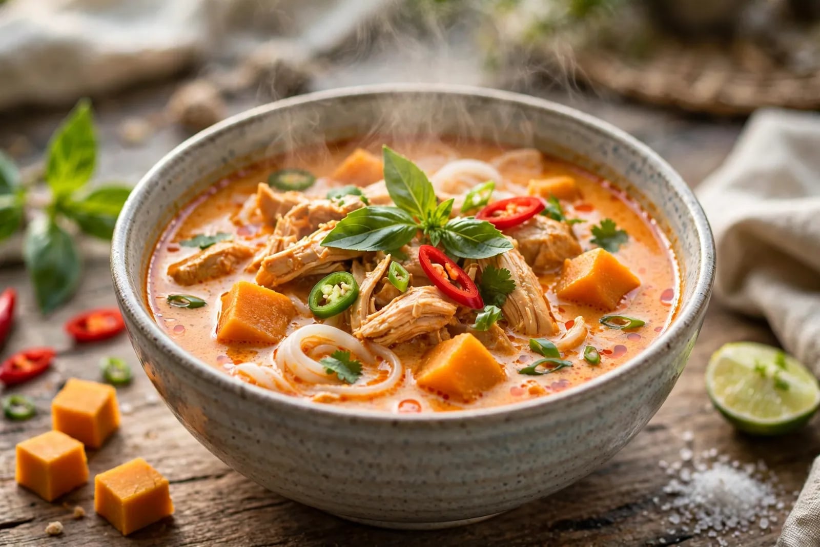 A steaming bowl of creamy Thai red curry chicken noodle soup with shredded chicken, rice noodles, herbs and a lime wedge.