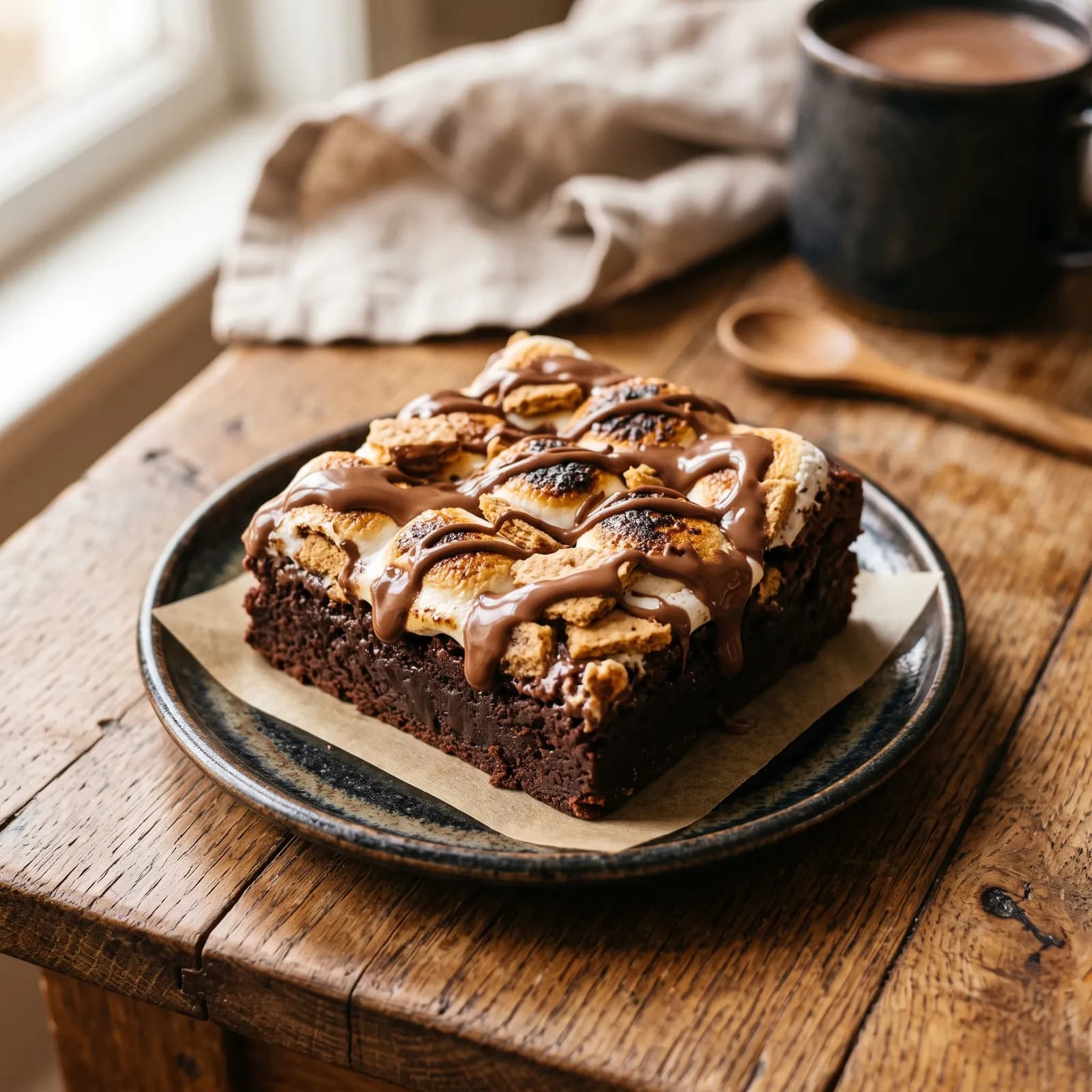 Smores brownie topped with toasted marshmallow and chocolate drizzle