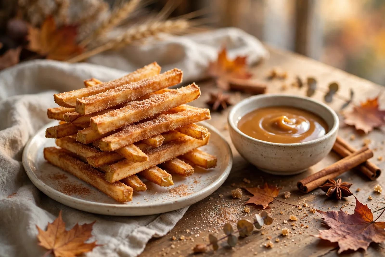 A plate of golden cinnamon-sugar apple fries with a small bowl of warm caramel sauce for dipping.