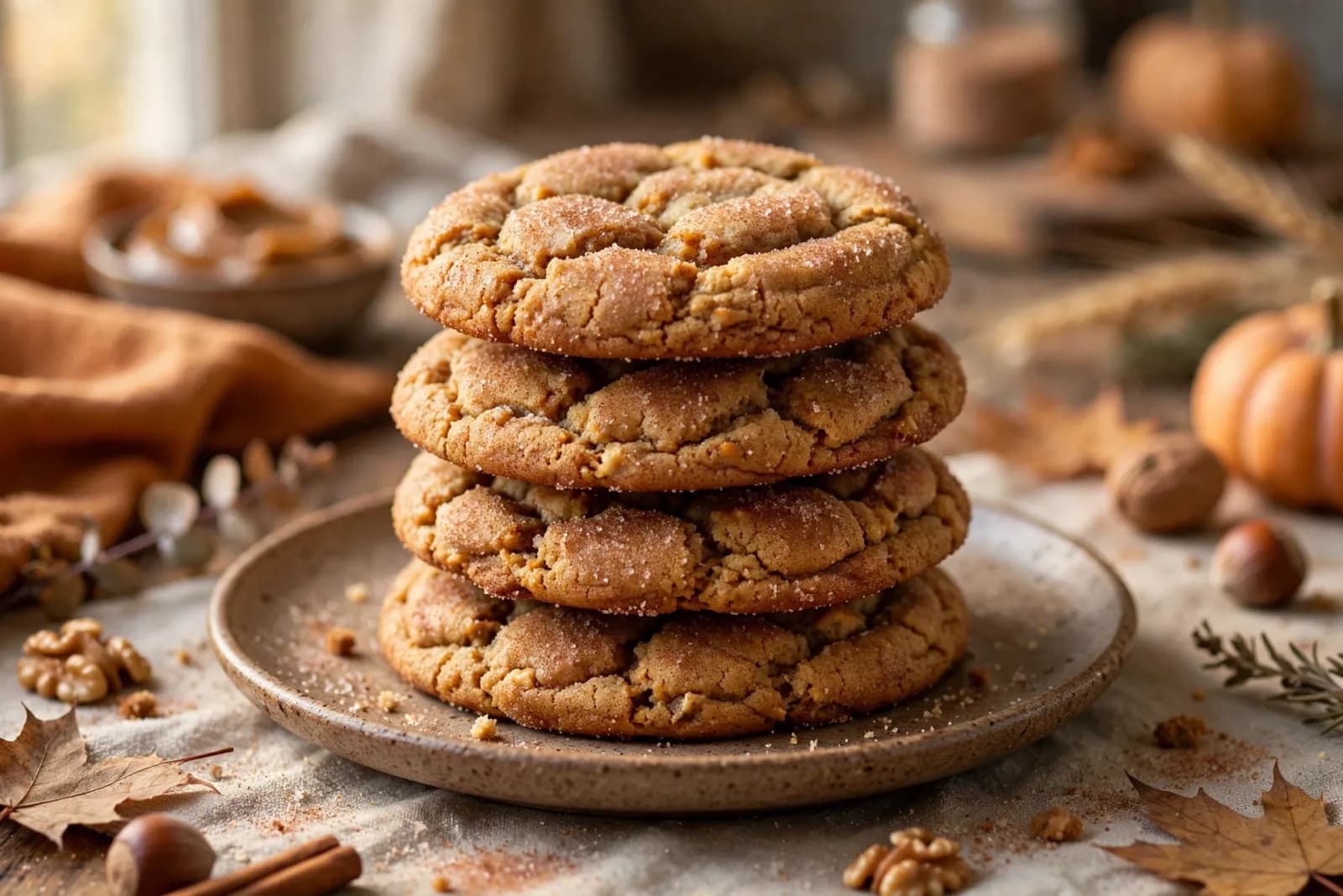 Stack of brown butter pumpkin snickerdoodles with cinnamon sugar coating and crackled tops on a plate