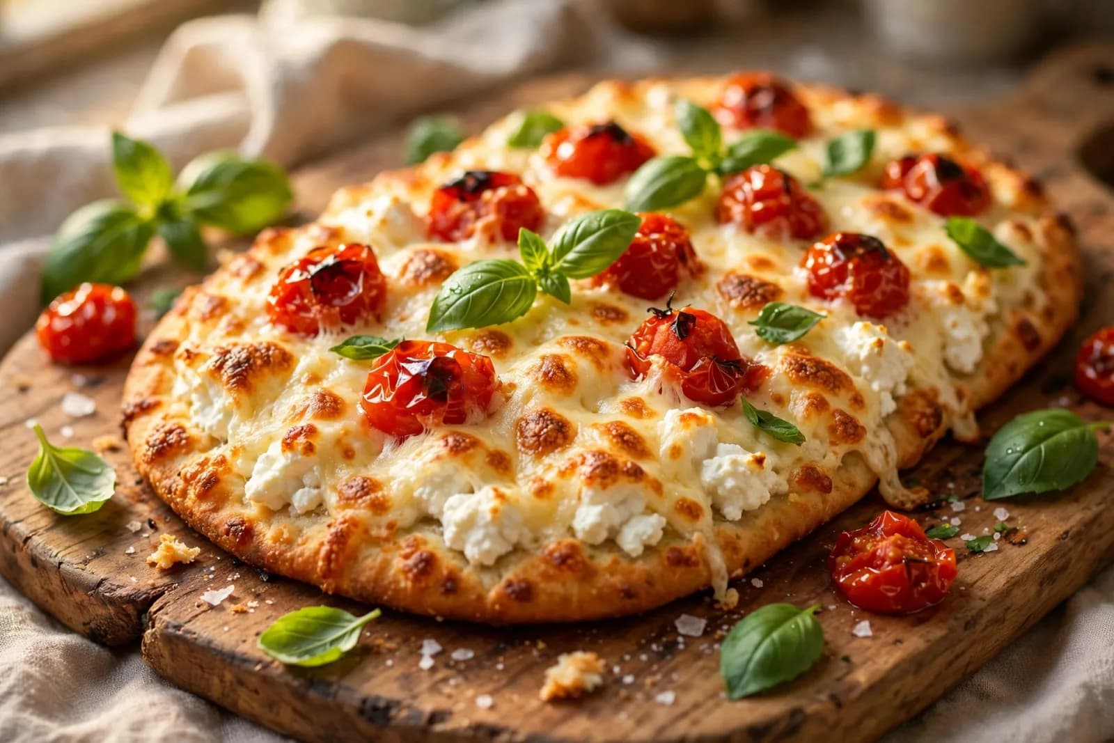 A golden cottage cheese flatbread topped with melted mozzarella, tomato slices and fresh basil on a wooden board.