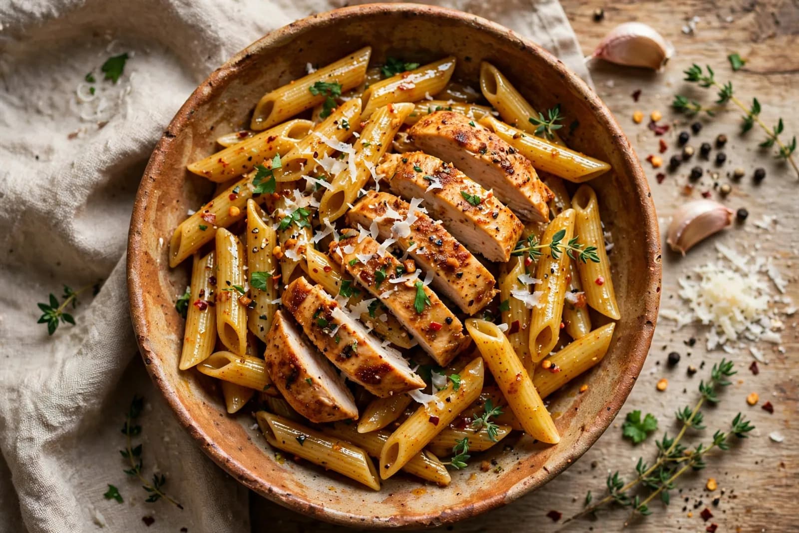 Penne pasta and golden chicken pieces tossed in a glossy cowboy butter sauce with fresh herbs and grated parmesan in a large skillet.