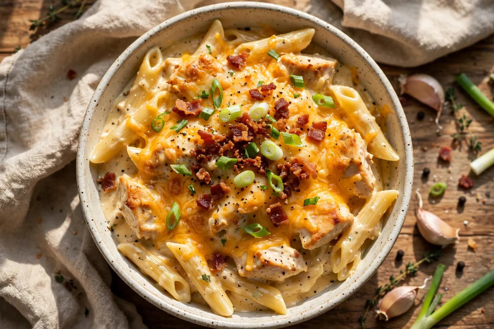 Creamy crack chicken penne in a skillet topped with melted cheddar, crispy bacon bits and sliced spring onions.