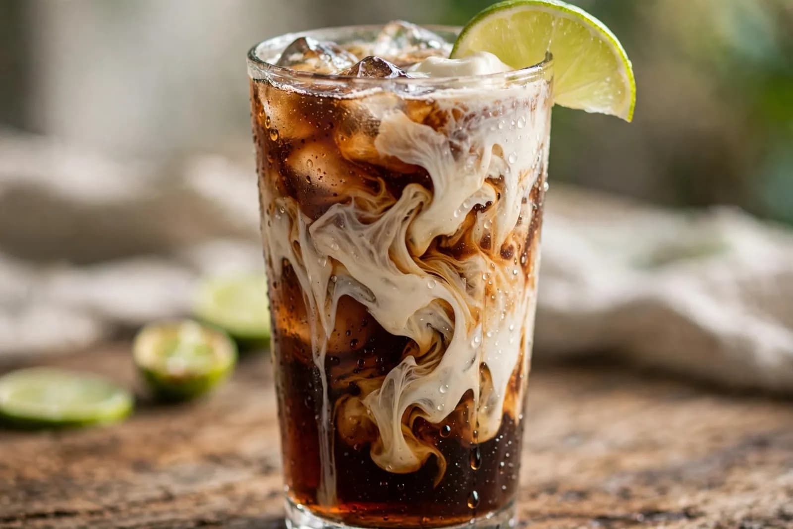 A tall glass of creamy dirty soda with marbled coconut cream swirls, pebble ice and a lime wheel on the rim.