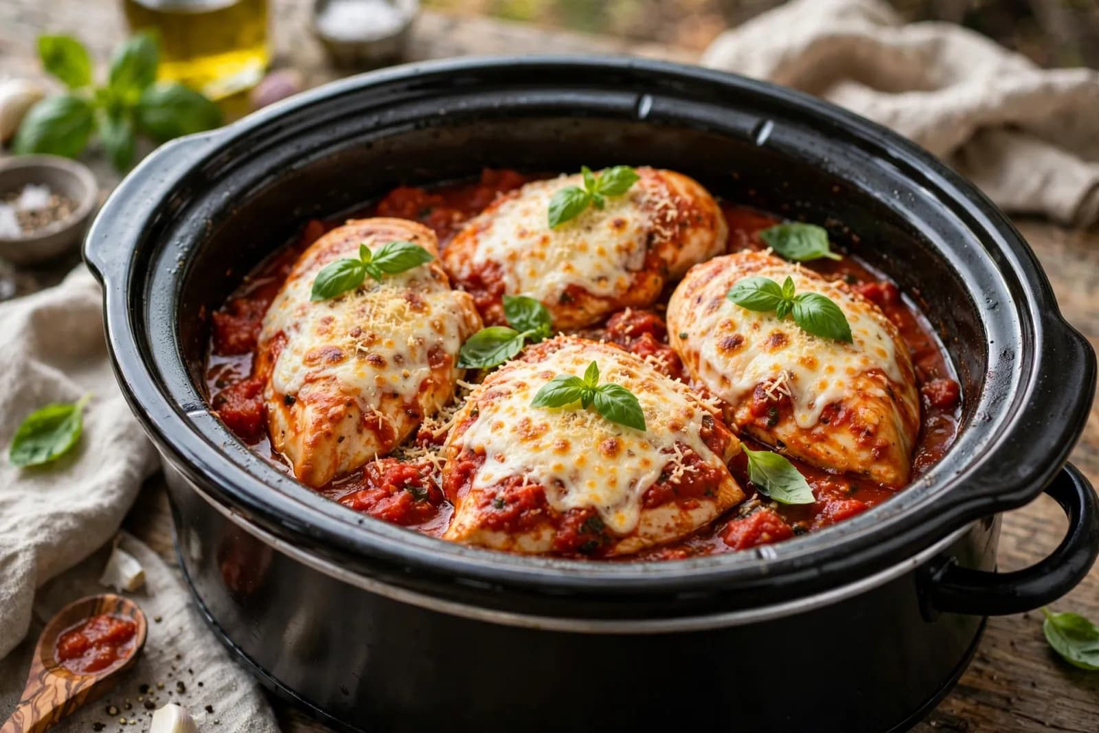 Crockpot chicken parmesan with melted mozzarella and Parmesan over marinara sauce, garnished with fresh basil