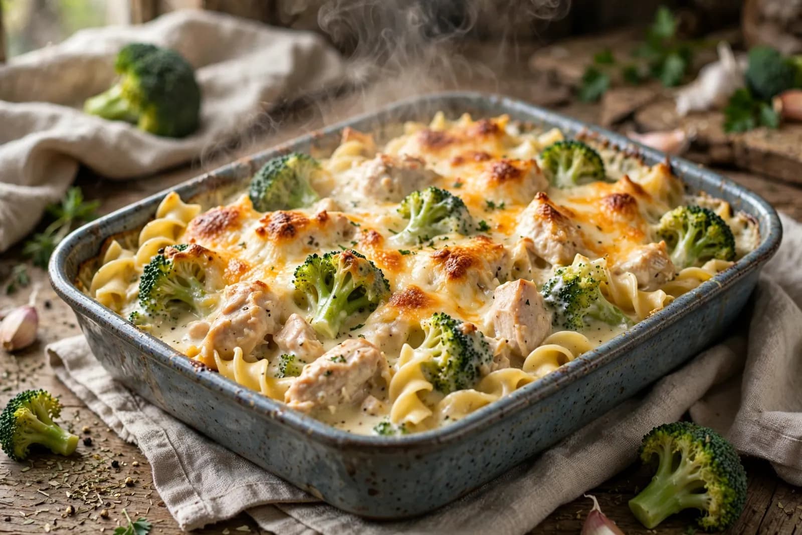 Bubbly chicken broccoli Alfredo noodle casserole with melted cheese and broccoli florets in a baking dish