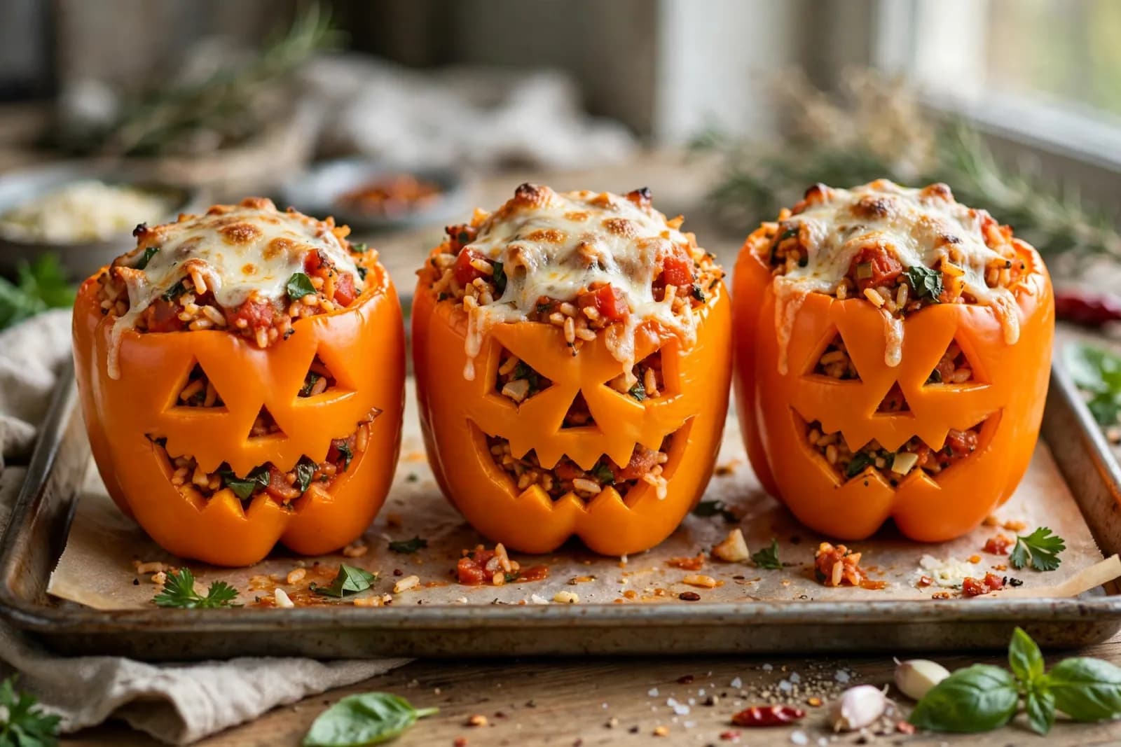 Halloween stuffed peppers carved like jack-o-lanterns with melted mozzarella tops in a baking dish