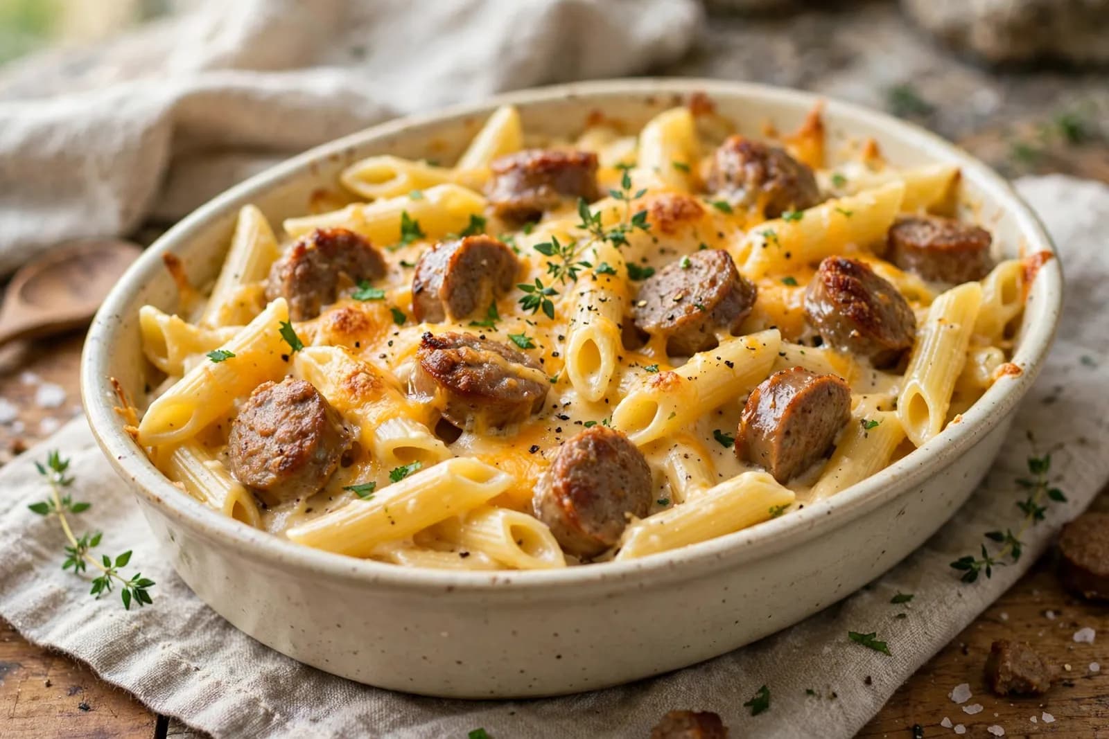 Maple sausage pasta baked in a dish with golden cheddar topping and creamy Alfredo sauce