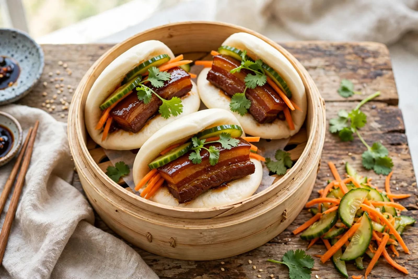 Steamed bao buns filled with braised pork belly and pickled vegetables in a bamboo steamer