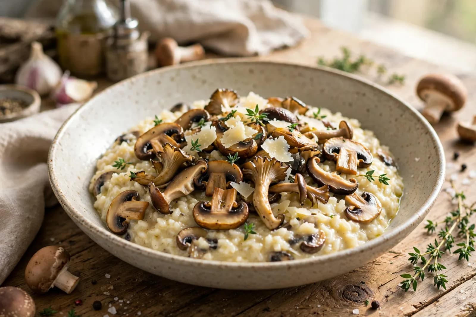 Creamy mushroom risotto with Parmesan shavings and fresh thyme