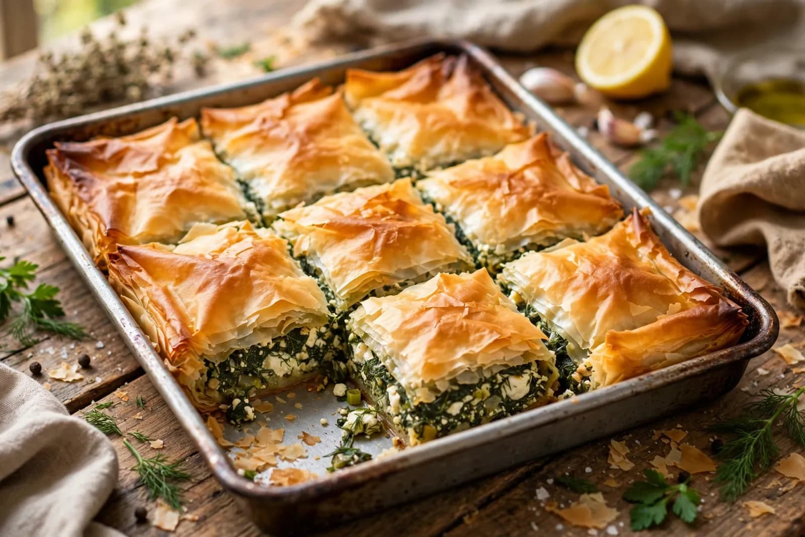 Golden spanakopita phyllo pie with spinach and feta filling cut into squares