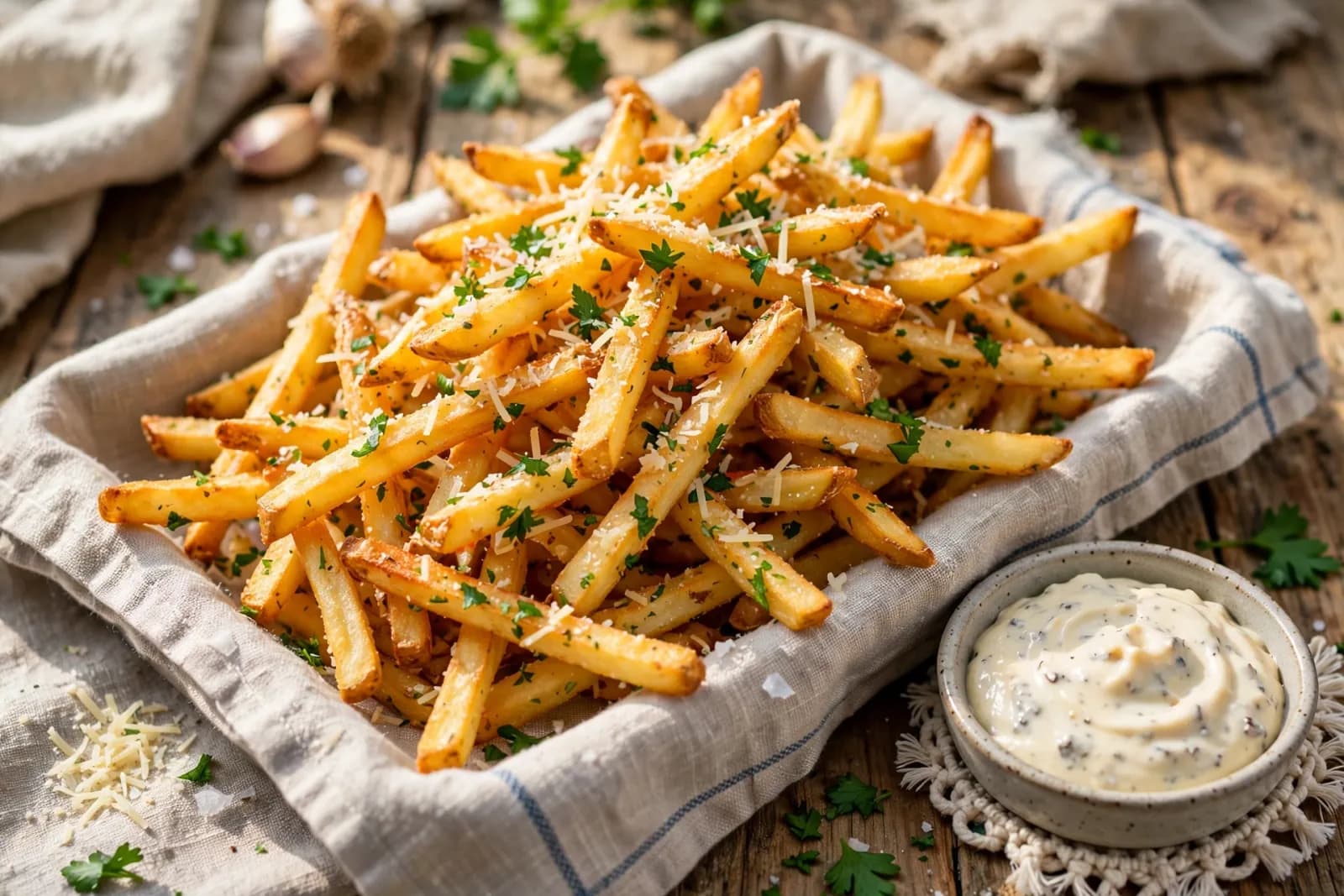 Crispy truffle fries with Parmesan and parsley and a truffle mayo dip