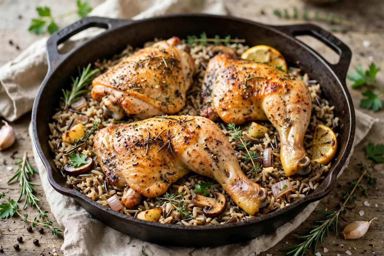One pan roasted herb chicken thighs with golden crisp skin served over nutty wild rice with lemon and fresh herbs