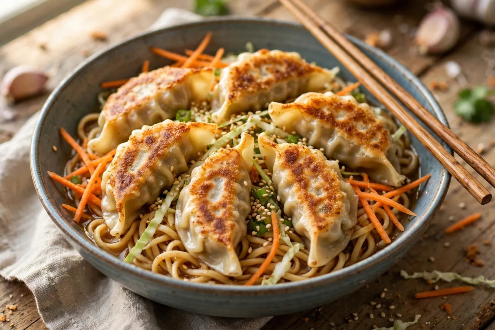 A bowl of glossy soy-ginger noodles topped with golden crispy potstickers, shredded cabbage, carrots and sliced green onions.